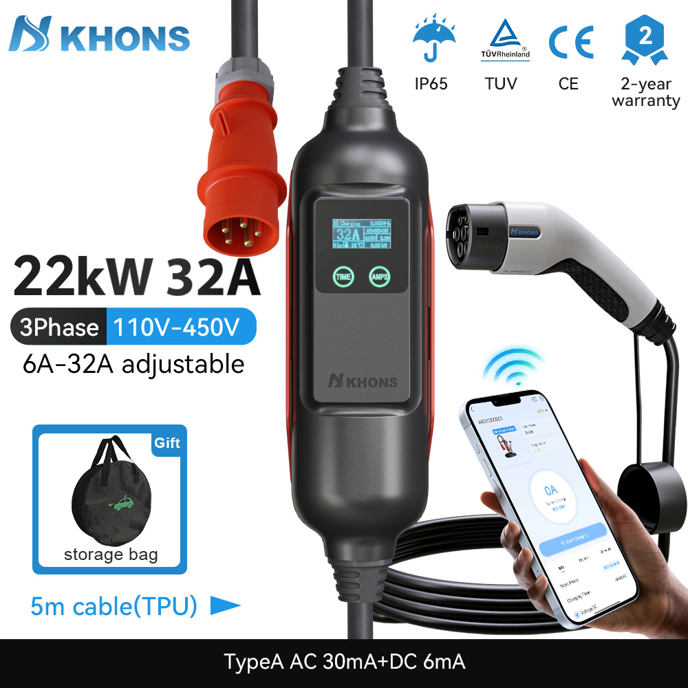 Ev Charger Type 2 22Kw 32A 3 Phase - Портативное зарядное устройство для электромобилей Khons